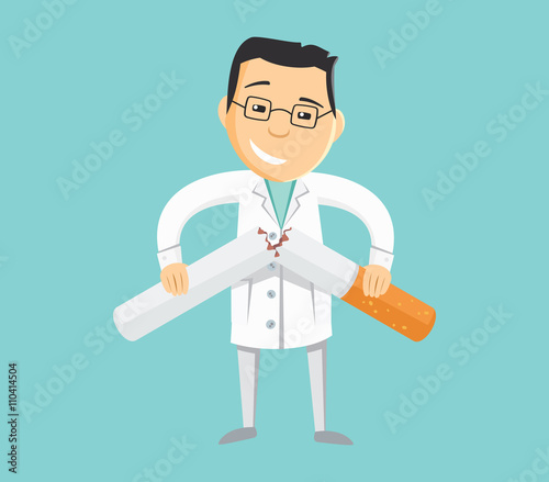 Funny doctor holding broken cigarette. Stop smoking. Addiction treatment. Simple cartoon vector illustration.