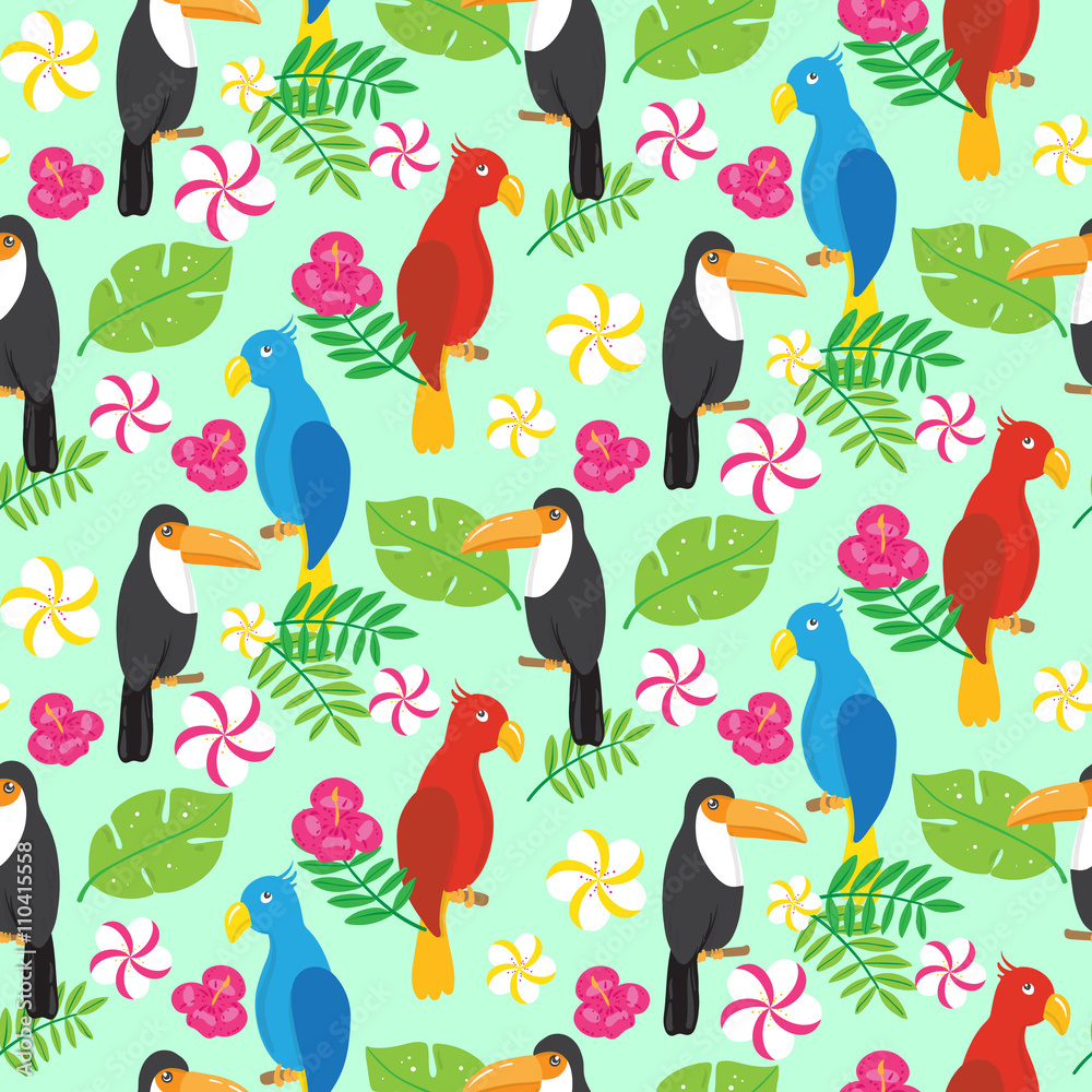 Obraz premium Seamless pattern with tropical brazilian tucans and parrots