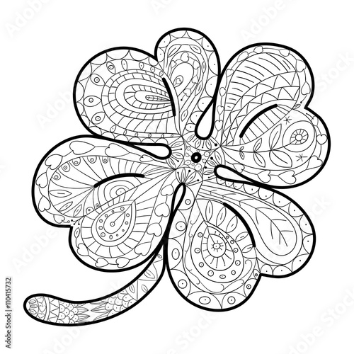Hand drawn four leaf clover for adult coloring pages in doodle style, ethnic ornamental vector illustration. Coloring Book for Relaxation Therapy. 