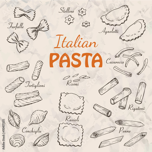 Set Italian pasta on a beige background