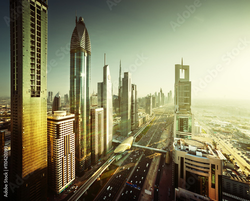 Dubai skyline in sunset time, United Arab Emirates