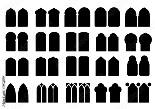 A set of silhouettes of different classical and modern windows and doors of different shapes in vector graphics