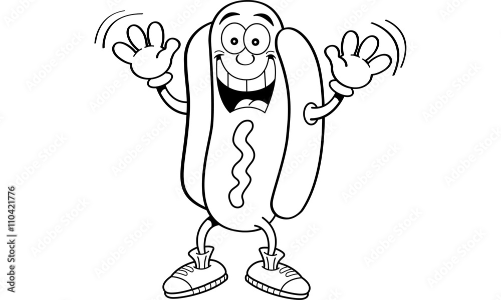 Fototapeta premium Black and white illustration of a hotdog waving.