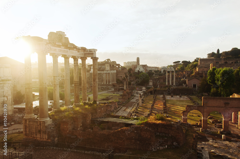 Roman Forum during sunrise in Rome, Italy.