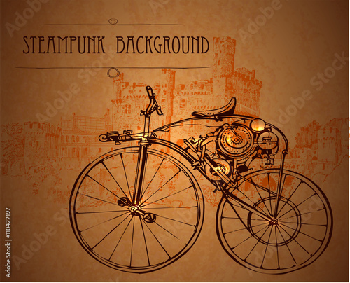 Retro bike. Bicycle in steampunk style. Template blank in steampunk style. Vintage background