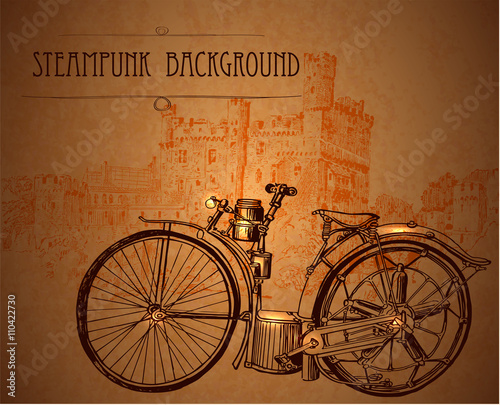 Retro bike. Bicycle in steampunk style. Template blank in steampunk style. Vintage background