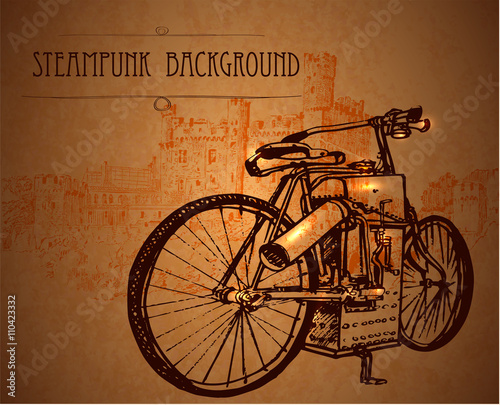 Retro bike. Bicycle in steampunk style. Steampunk style template blank steampunk background