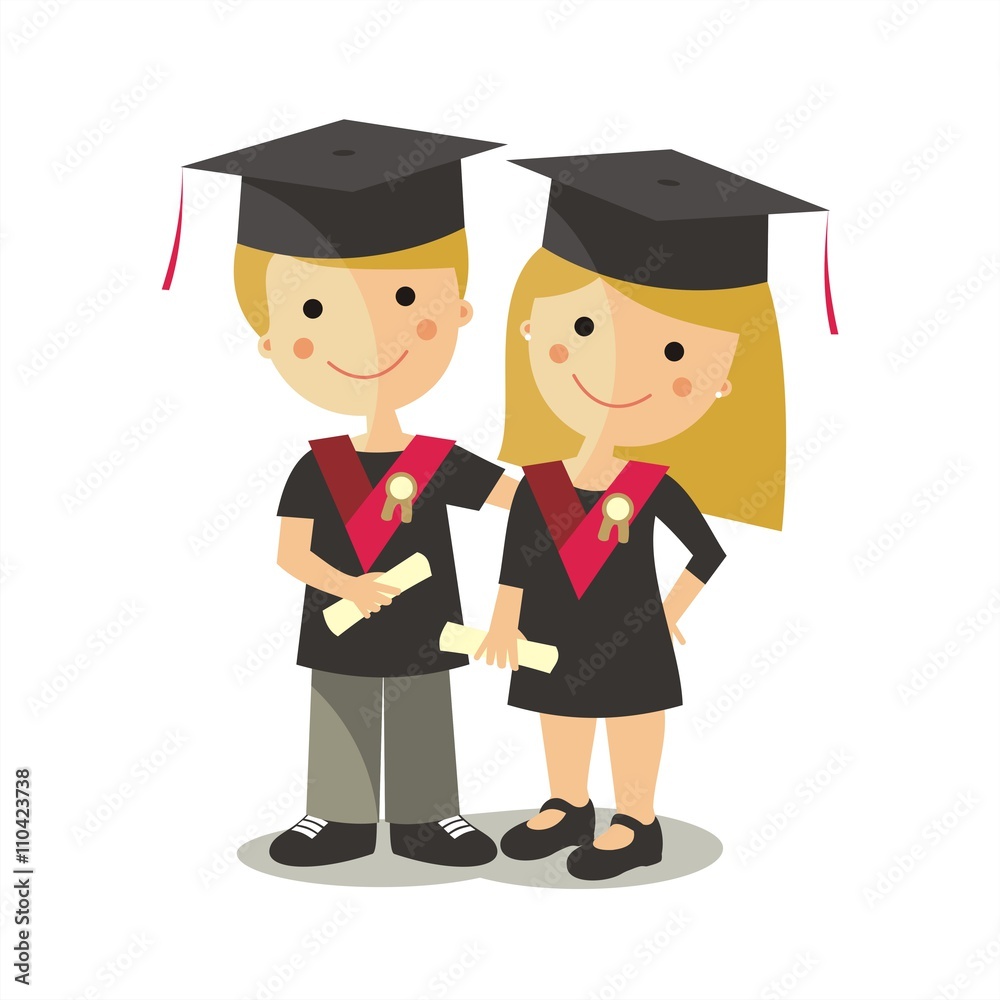 Niños graduados con beca, diploma y birrete. Ilustración aislada Niños graduados con beca, diploma y birrete. Ilustración aislada