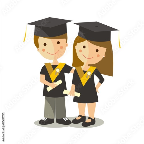 Niños graduados con beca, diploma y birrete. Ilustración aislada