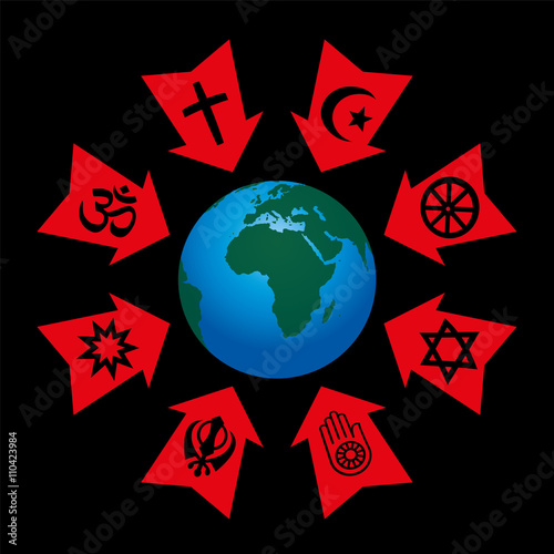 Religious control, manipulation and influence - arrows with symbols of world religions aggressive pointing at planet earth.