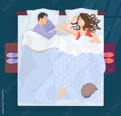 Sleeping man and woman in bad at night near window. Vector illustration.