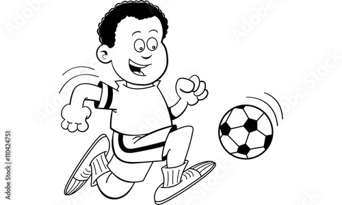 Black and white illustration of an African boy playing soccer.