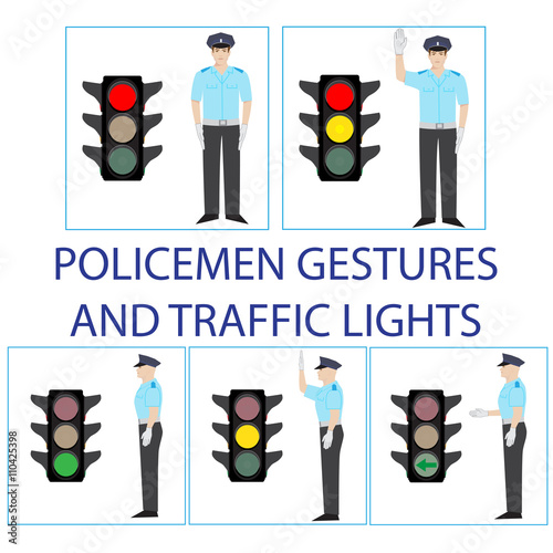 set of police officers gestures and traffic lights vector illustration