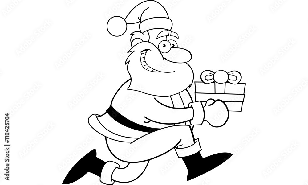 Black and white illustration of Santa Claus running with a gift. Black and white illustration of Santa Claus running with a gift.