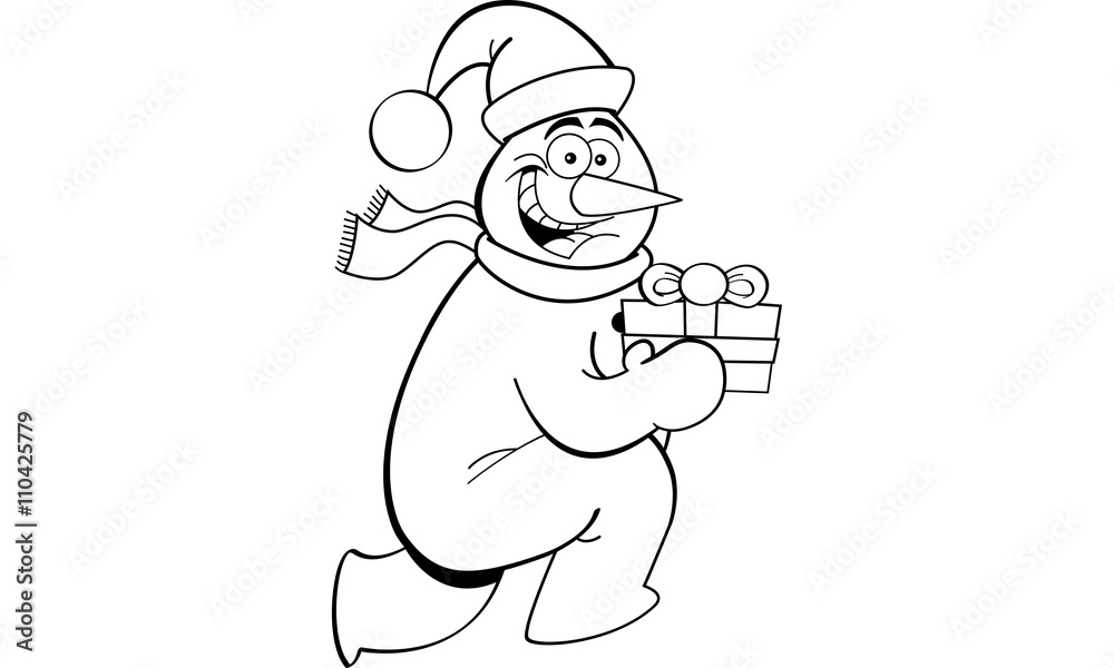 Black and white illustration of a running snowman holding a gift. Black and white illustration of a running snowman holding a gift.