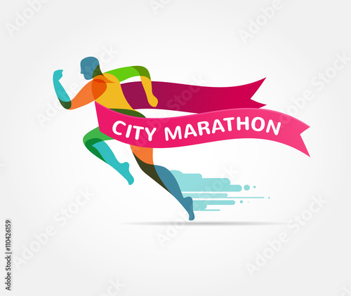 Running marathon, icon and symbol with ribbon, banner