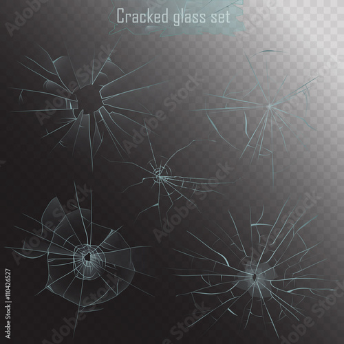 Set of different types of realistic broken glass crack on alpha background.