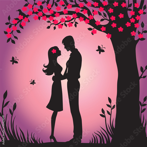 Illustration black silhouette of lovers embracing on a white background flower viewing spring sakura