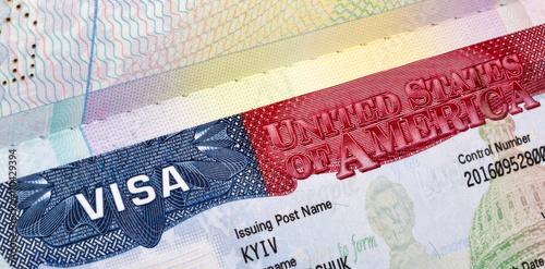 American Visa in the passport closeup. photo