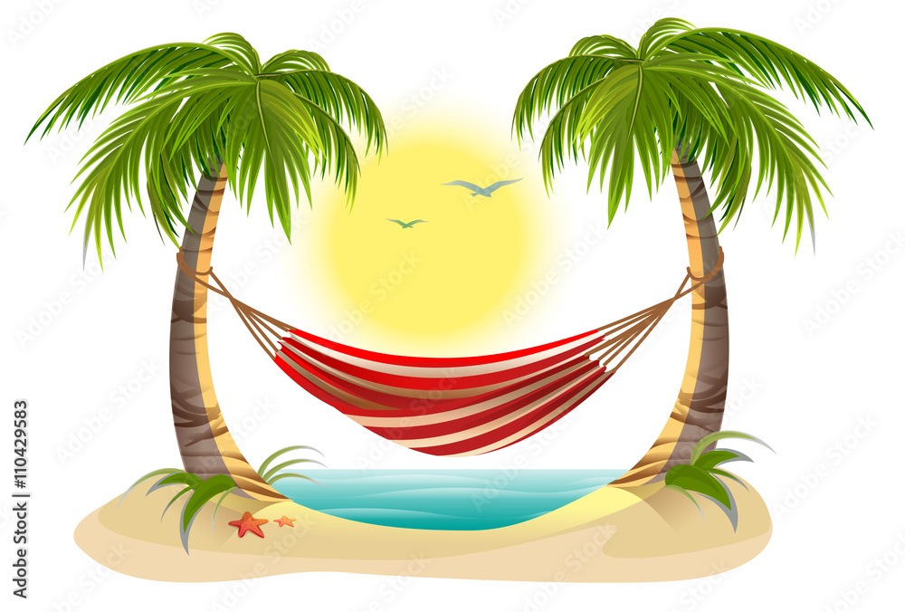 Naklejka premium Beach vacation. Hammock between palm trees