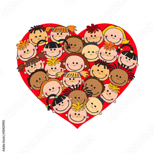 Cartoon baby faces in heart shaped frame vector face, love, smile, illustration, childhood, kid, global, associations, unions, internationally, crowd, many, society, 