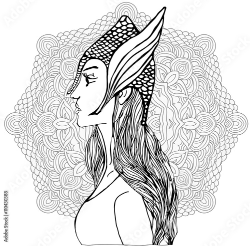 warrior-girl in battle helmet. Uncolored picture for adult coloring book.
