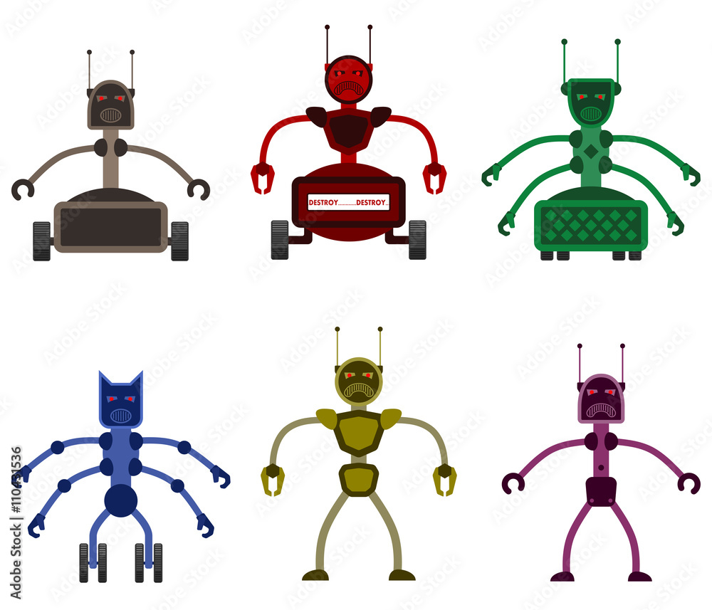 Set of angry evil robots. Future vicious mechanical life form. Vector illustration. Set of angry evil robots. Future vicious mechanical life form. Vector illustration.