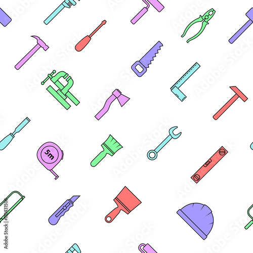 Seamless pattern of repair tool icons. Home repair signs. Worker tools. Isolated on white background. Vector illustration.