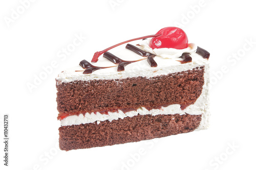 Slice of  cake with cream  and cherry, chocolate cake on white b