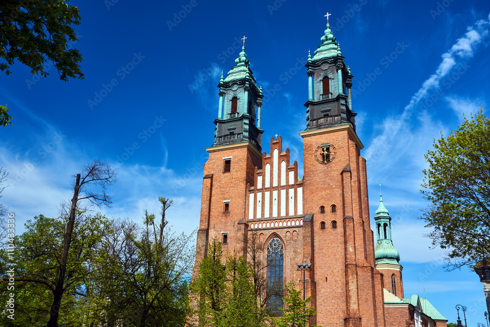 Obraz premium Towers of medieval Gothic cathedral in Poznan.