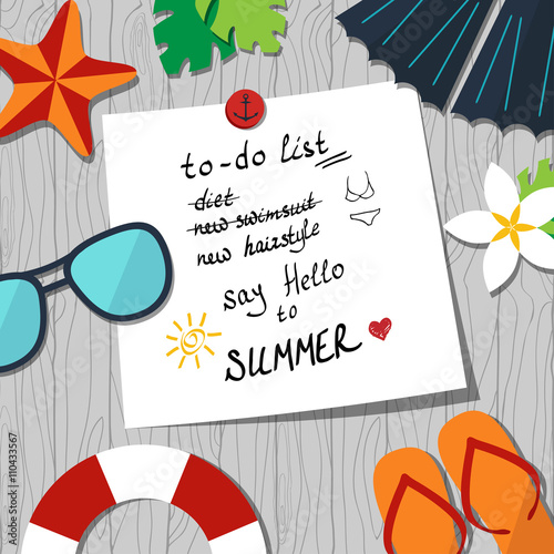 vector card template with to-do list and summer accessories on the seamless wood background 