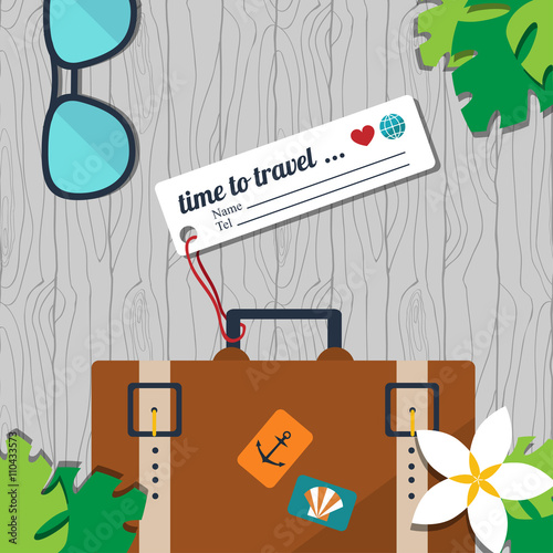 vector card template with retro suitcase with name tag, sunglasses and floral elements on the seamless wood background