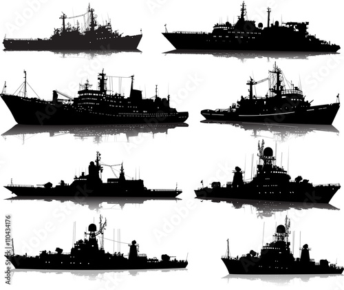 Vector set of eight silhouettes of the military ship on a white background