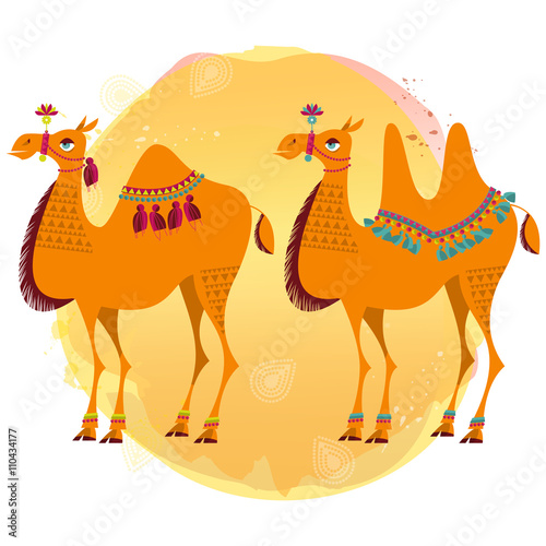 Two camels with traditional decoration.
