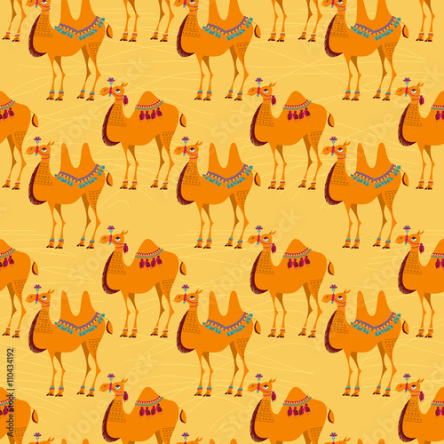 Camels with traditional decoration. Seamless background pattern.