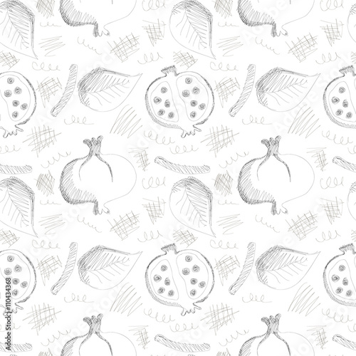 Seamless vector gray pattern with hand drawn pomegranates, leaves and scribbles on the white background. Series of Cartoon, Doodle, Sketch and Scribble Seamless Patterns.