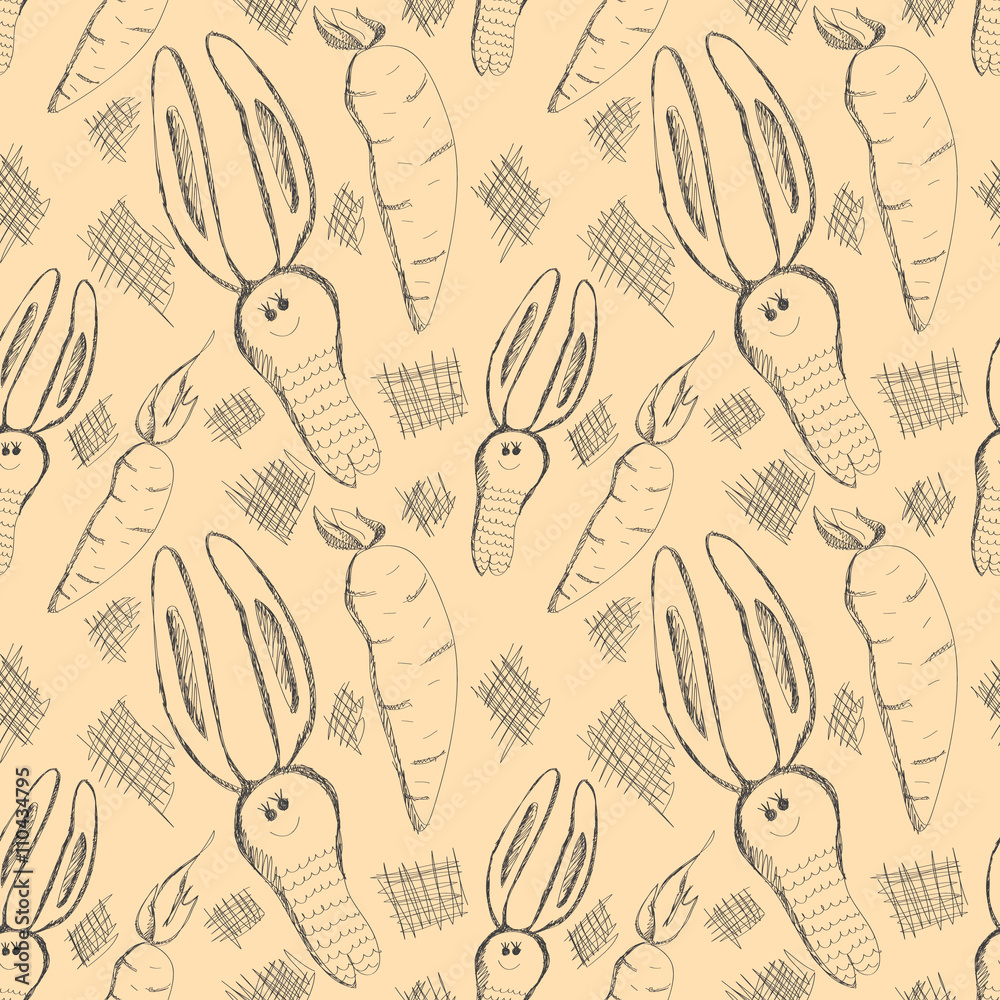 Fototapeta premium Seamless vector pattern. Cute background with hand drawn rabbits and carrot. Series of Cartoon, Doodle, Sketch and Scribble Seamless Vector Patterns.