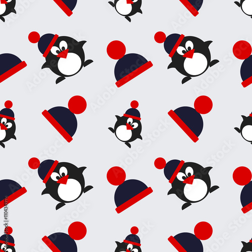 Seamless vector pattern with animals, cute background with penguins with winter hats. Series of Animals and Insects Seamless Patterns.