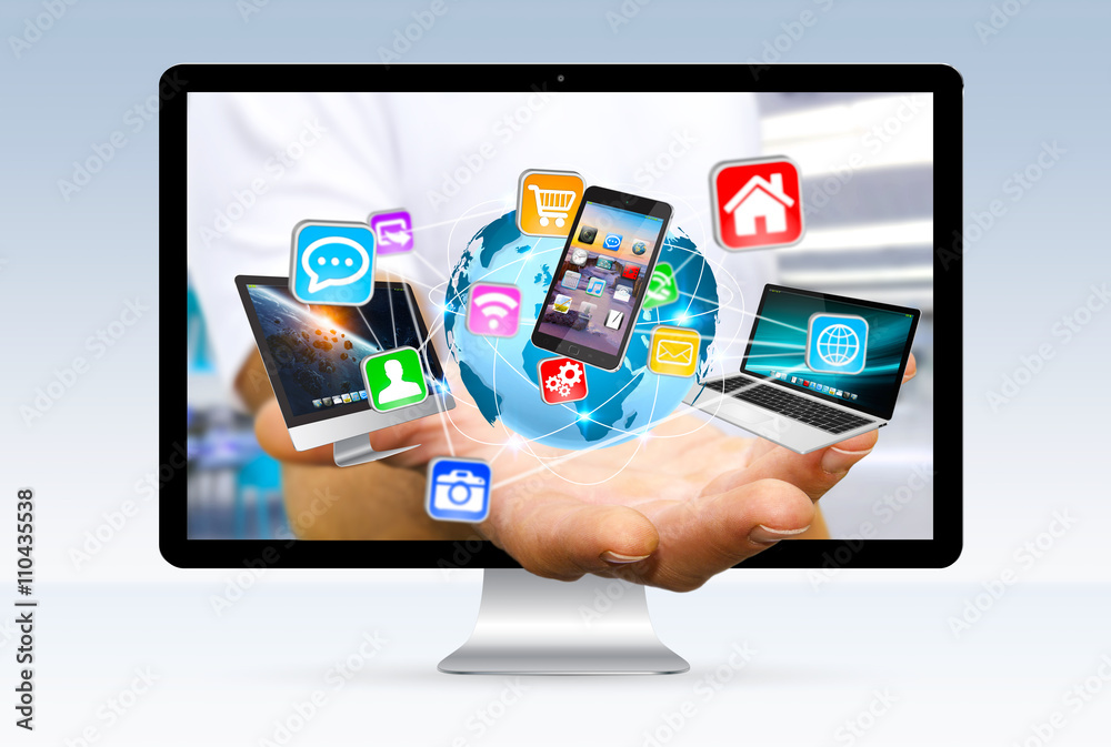 Colorful tech devices and icons applications in businessman hand