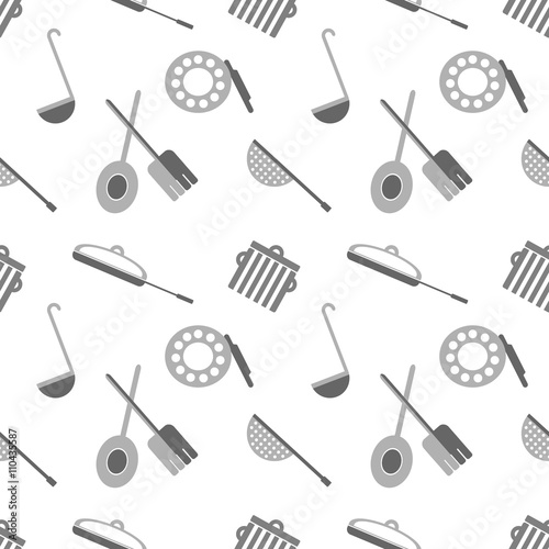 Seamless vector pattern with grey kitchenware on the white background.