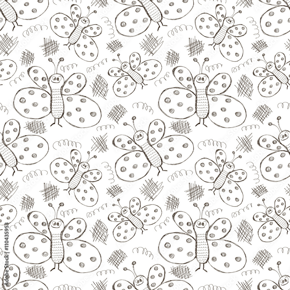 Seamless vector pattern. Cute black and white background with hand drawn butterflies and scribbles. Series of Cartoon, Doodle, Sketch and Scribble Seamless Vector Patterns. Seamless vector pattern. Cute black and white background with hand drawn butterflies and scribbles. Series of Cartoon, Doodle, Sketch and Scribble Seamless Vector Patterns.