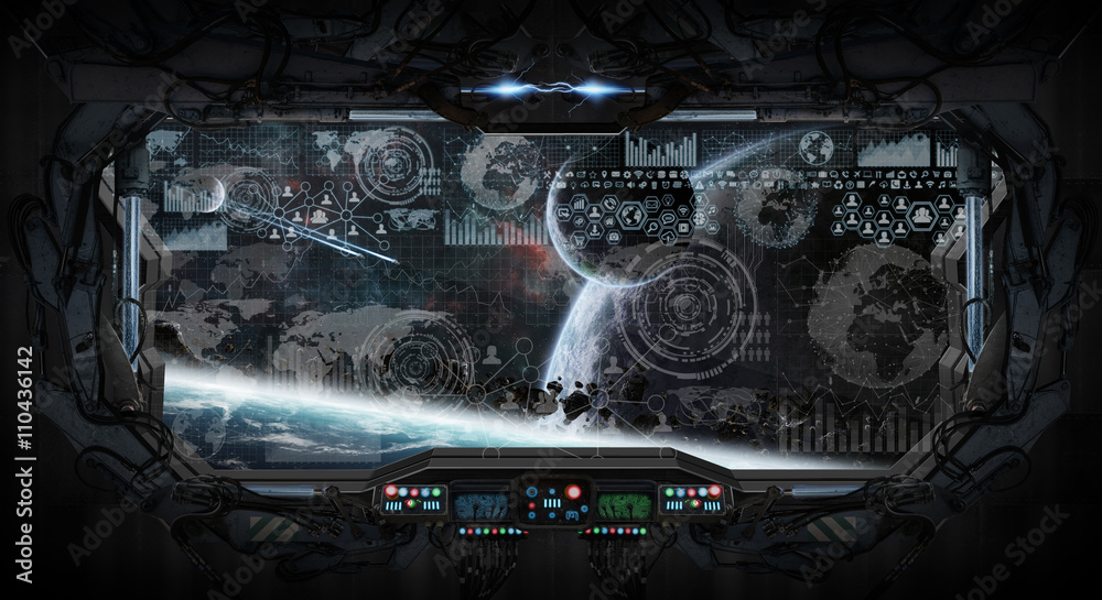 Fototapeta premium Window view of space and planets from a space station