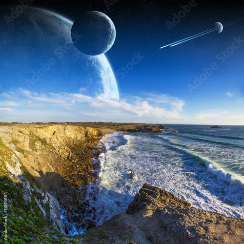 Fototapeta Naklejka Na Ścianę i Meble -  View of distant planet system from cliffs