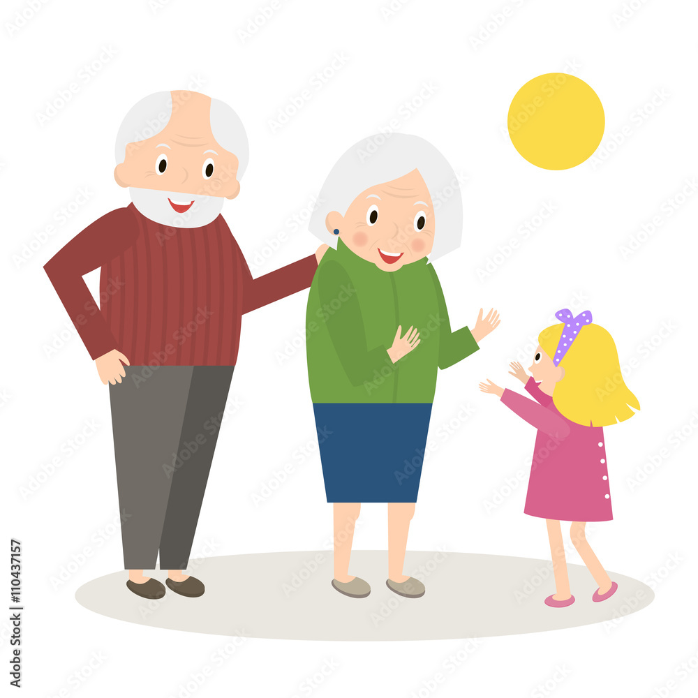 Senior people happy leisure time with granddaughter. Happy Grandparents with little granddaughter. Vector illustration