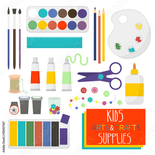 Art crafts items for kids creativity. Watercolor, clay, scissors, glue, color paper, brush, pencil,palette, crayon,stamp, needle. Set of art supplies for kids. Vector illustration