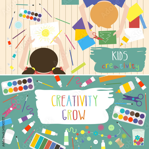 Kids creativity vector illustration. Top view with creative kids hands. Banner, flyer for kids art lessons or school.