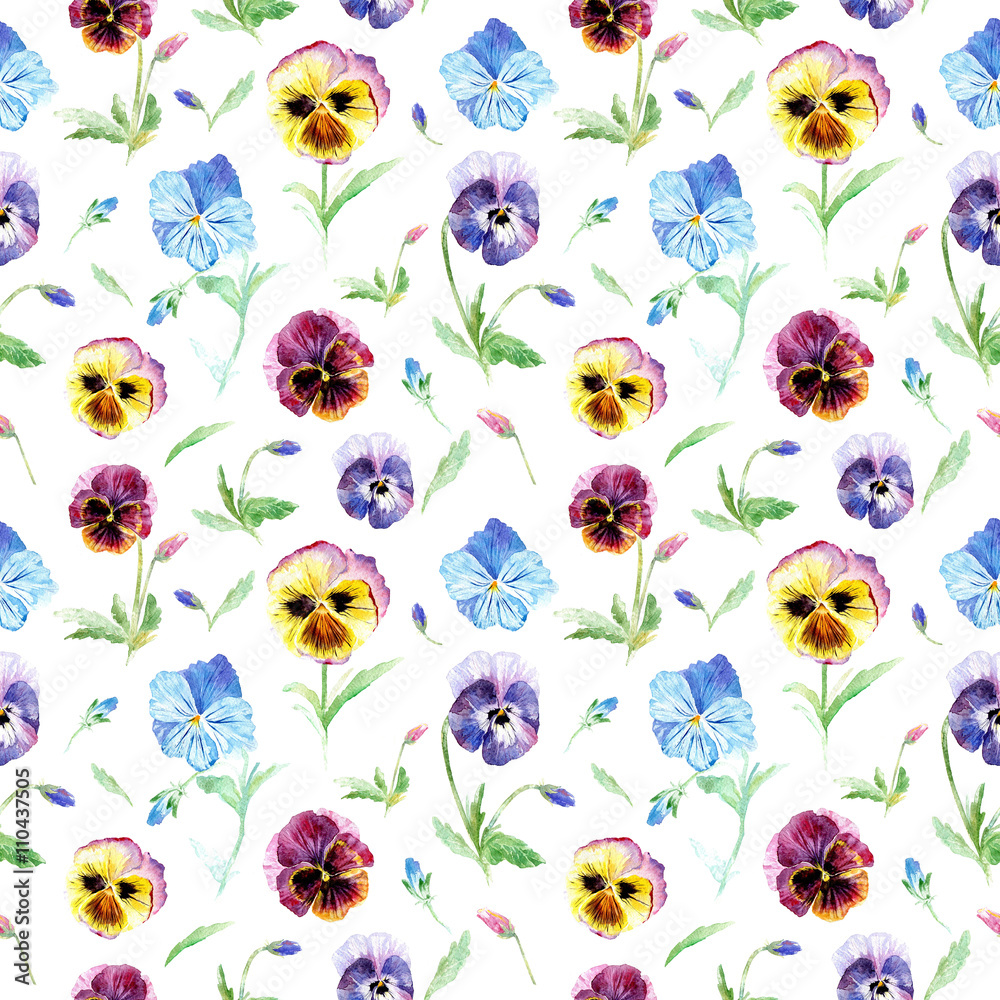 Floral seamless pattern.Pansy flowers.Watercolor hand drawn illustration.Violets on a white background.