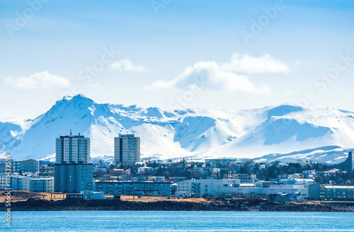 Reykjavik city in Ieland beneath a mountain