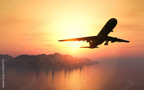 Airplane flying over the city and the beach sunrise 3d rendering