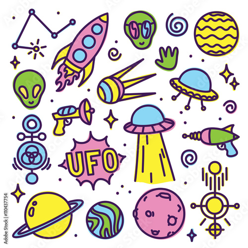 Hand drawn cartoon Alien space vector set